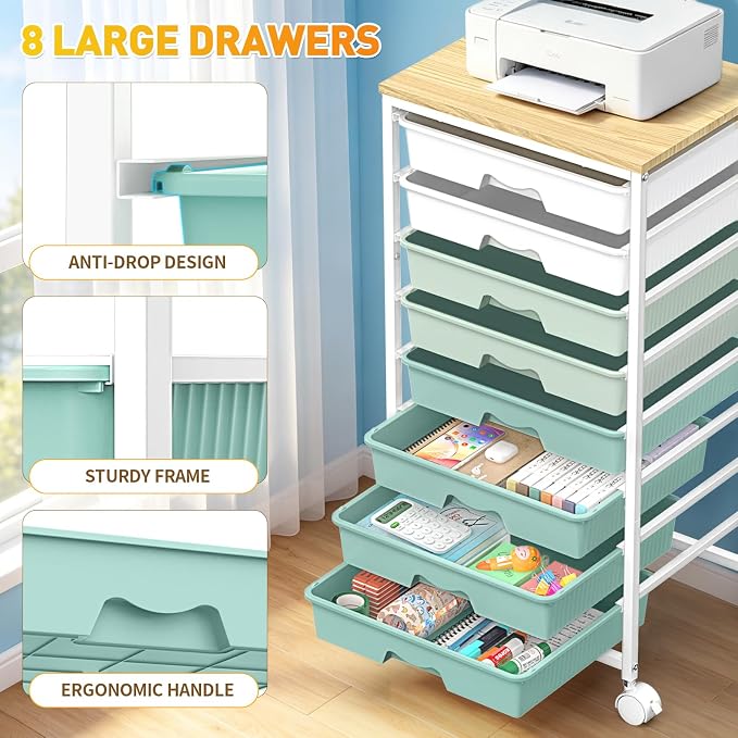 SUNALLY Rolling Cart With 8 Drawers,Storage Drawer Cart for Craft Art,Green | Storage Utility Cart with Wooden Tabletop & 2 Lockable Wheels, Teacher Storage Cart for Classroom School Storage, Makeup,Nail