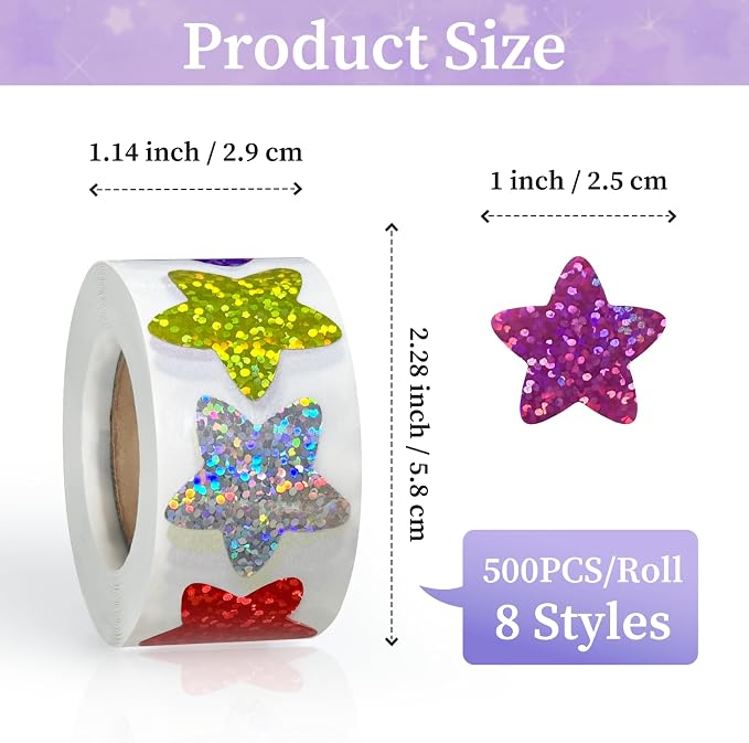 Imeepa 500PCS Multi-Color Star Stickers, 1" Foil Shiny Glitter Labels
