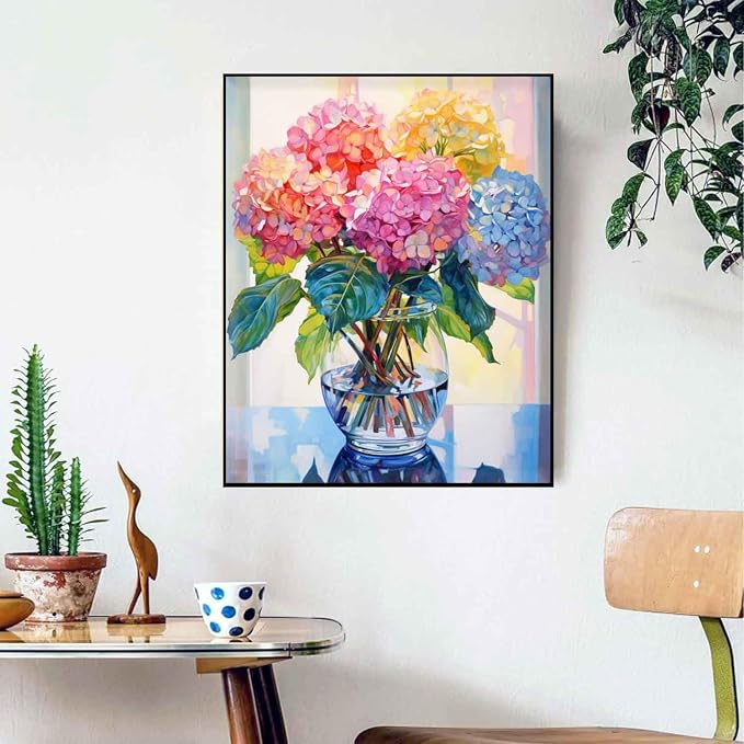 Ausanrl Flowers Framed Paint by Numbers Wooden Easel-Adult Paint by Number Kits on Canvas Framed,Paint by Number Adult,Hydrangea Paint by Numbers with Frame,Gifts and Home Wall Decor 12x16inch