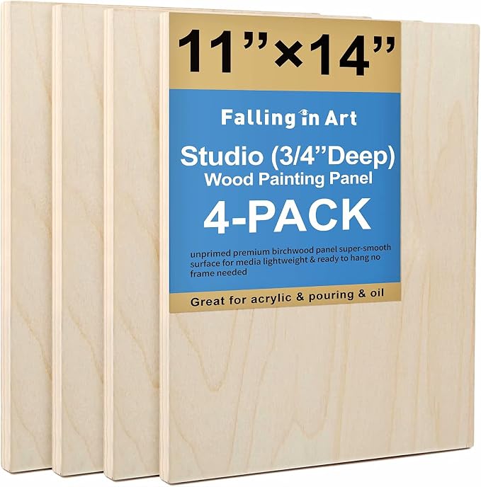 Falling in Art 4 Pack 11x14’’ Unfinished Birch Wood Panels Kit for Painting | Studio 3/4’’ Deep Wooden Canvas, Cradle Boards for Acrylic Pouring, Encaustic, Crafts, Epoxy Resin, Laser Engraving Cutting