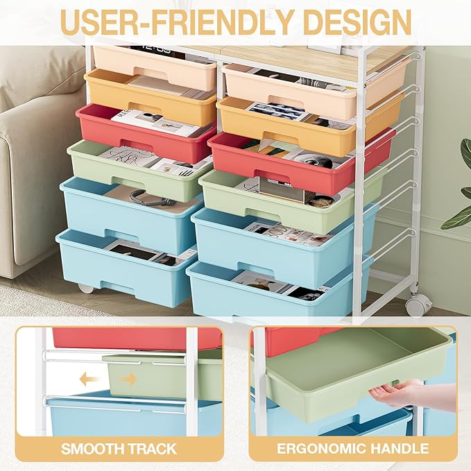 TOOLF 12 Drawers Rolling Storage Cart with Wooden Top for Classroom,Rainbow | Teacher Cart Craft Art Supply Organizer, Utility Cart with Lockable Wheels for Home Household Essentials, Office Organization