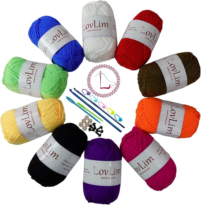 Milk-Cotton Crochet Yarn Kit, 10x50g Skeins DK Weight, 1250+ Yards, Hooks, Needles & Safety Eyes, 40+ Free Patterns, for Amigurumi, Crocheting & Knitting - Rainbow Palette