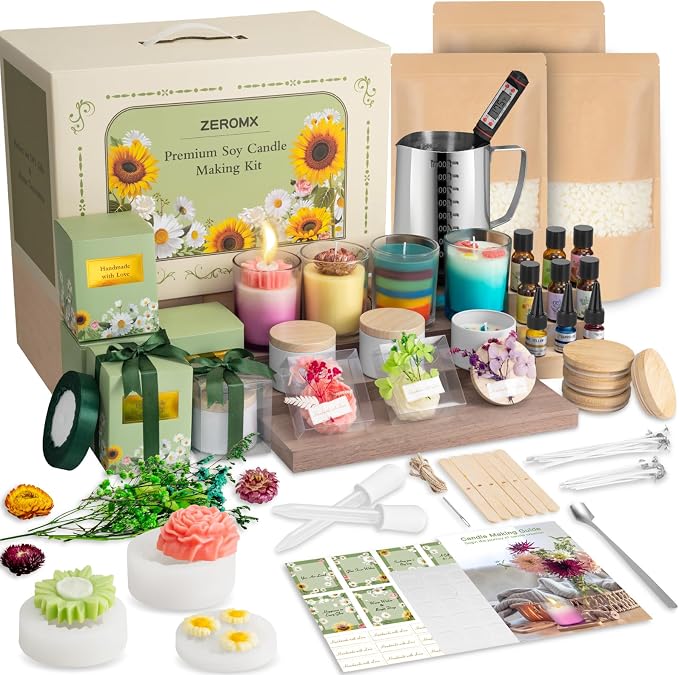 ZEROMX Candle Making Kit for Adults Beginners Full Set DIY Candle Supplies | Includes 8 candle jars, color dyes, floral molds & gift packaging. Ideal for home decor & creative DIY craft gifts.