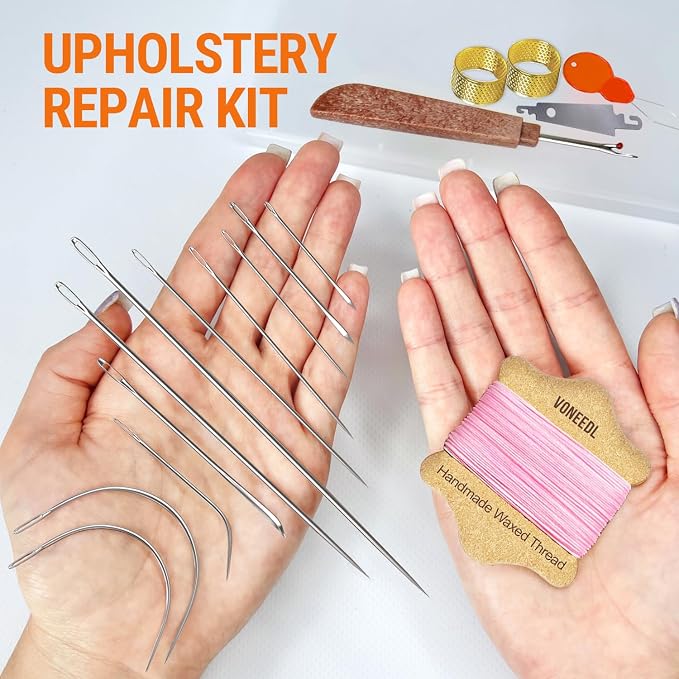 Upholstery Repair Kit: Waxed Sewing Thread (Pink Color) & Heavy Duty Needles (11 PCS) for Leather, Canvas & Quilting Thread
