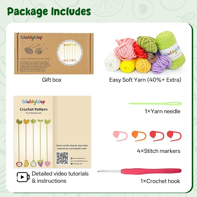 WaldyWop Crochet Kit for Beginners, 5 PCS Fruit Bookmarks Crochet Kits