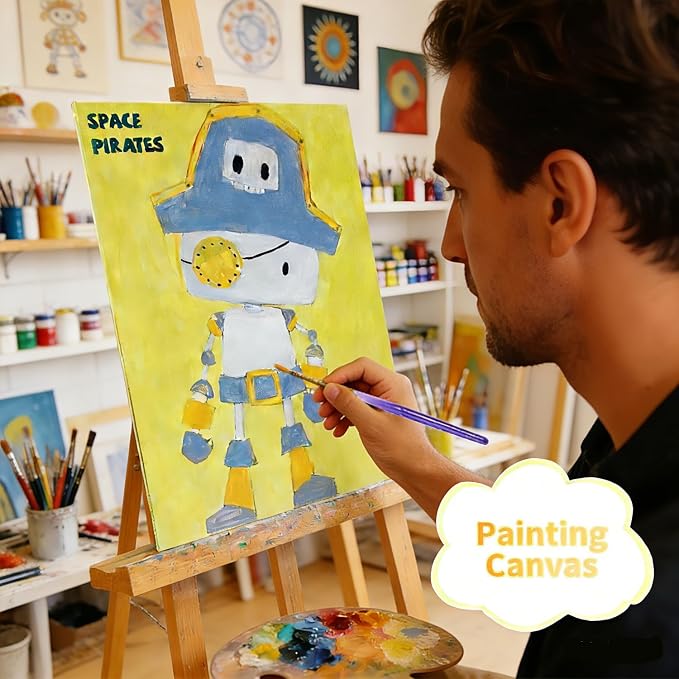 Pre Drawn Painting Canvas for Painting, 8x10 Inch Canvas Boards 12 Pack (Space Pirate Robot Designs), Canvas Panels for Acrylic Paint, Watercolor, Markers & DIY Craft Projects