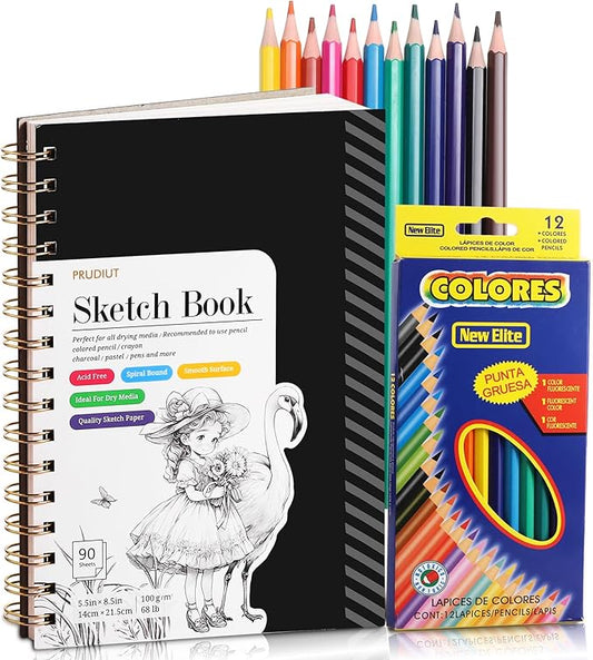 Sketch Book with 12 Color Pencil Set, 90 Sheets Spiral Sketchbook for Drawing (68lb/100gsm), Acid-Free Sketch Pad for Artist, Art Paper Drawing Supplies for Easter Gifts (5.5×8.5 inch) | 90 Sheets Acid-Free Drawing Paper with Pencils, Tear-Out Pages, f...