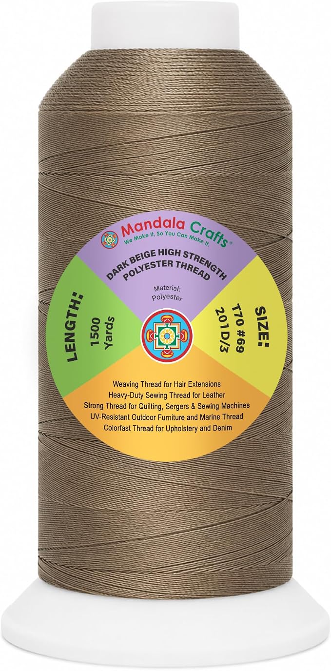 Mandala Crafts Dark Beige Tex 70 Polyester Heavy Duty Thread for Upholstery | 1500 Yds T70 UV Resistant Strong Thread for Leather Sewing, Marine, Drapery, Jeans, Hair Weaving & Extension, Outdoor