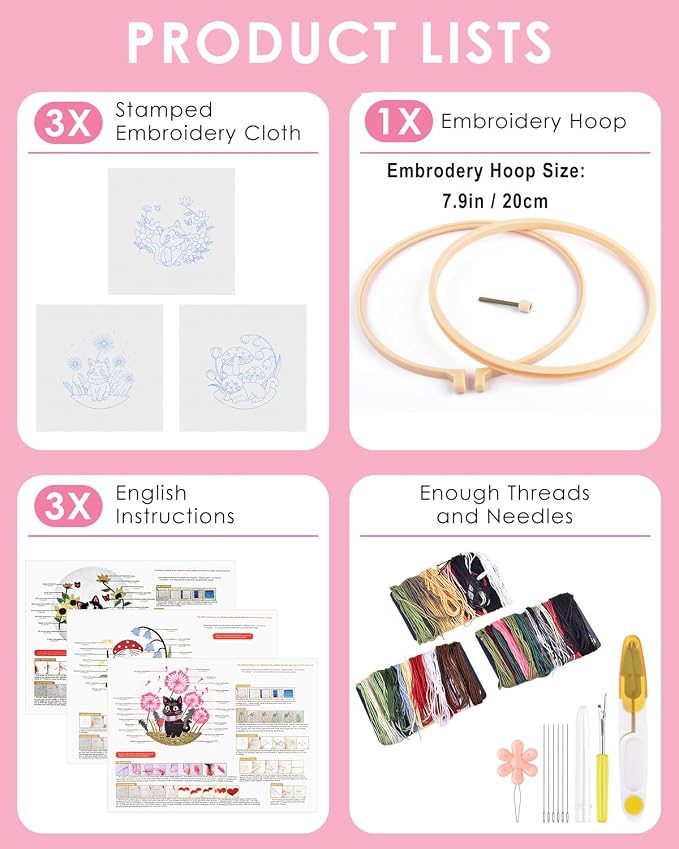 TINDTOP Embroidery Kit for Adults, Cat Embroidery Practice Kit | for Beginners Include Embroidery Cloth Hoops Threads for Craft Lover Hand Stitch with Embroidery Skill Techniques