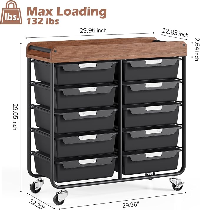 10 Drawers Rolling Cart with Wooden Tabletop, Utility Storage Cart with Wheels, Art Supply Craft Organizer on Wheel with Metal Frame & Handles for Home Office School,Black | Easy Setup, Large Capacity, Sturdy Build, Lockable Mobility, For office, class...