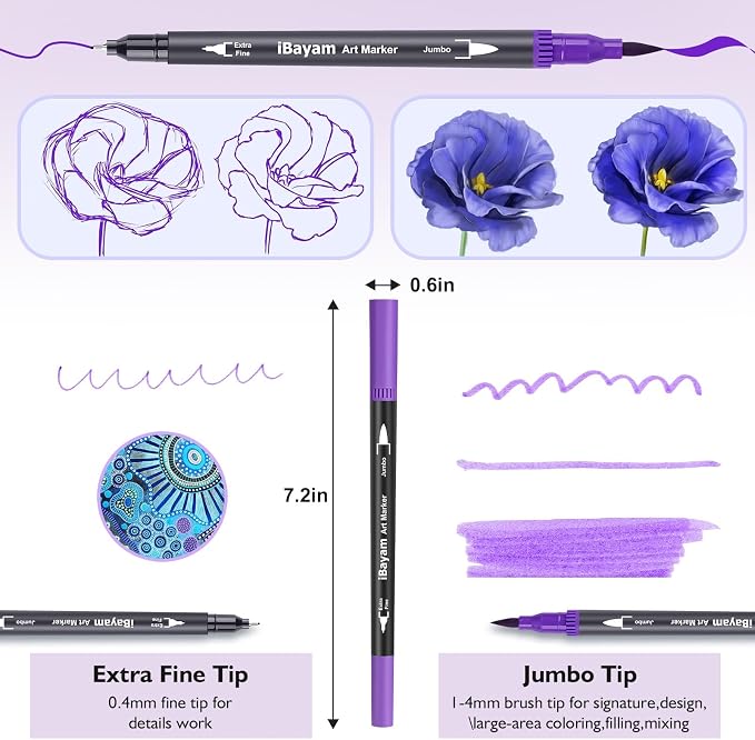 72-Color Dual Tip Markers, Fine & Brush Pens for adult coloring & lettering | 0.4mm Fineliner Pens, water-based non-toxic ink, carry bag, Note-Taking, Calligraphy, Journaling, Sketching and Lettering
