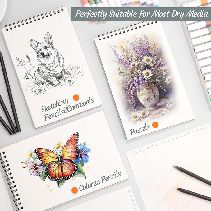 4 Pack Small Sketch Books, 5.5 × 8.5 in, Spiral Bound, 30 Sheets | 100gsm Acid-Free Paper, Hardcover Backing, Lays Flat, for Beginners, Artists & Back To School Gifts