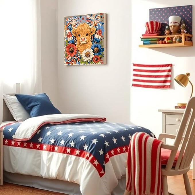 Gemozaic 4th of July Framed Paint by Numbers Kit for Adults and Kids 8-12, Patriotic Highland Cow Paint by Number Kits for Adult for Independence Day Gift, Home, Office, Wall Decor, 8 x 8 Inch