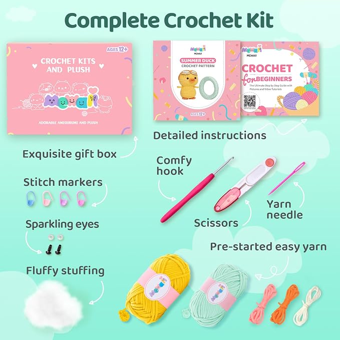 Mewaii Summer Duck Crochet Kit for Beginners, 40% Extra Yarn | Video Tutorial, Pre-Started Piece, Gift Box, Level 1 Starter Kit, Family Craft for Adults, Kids & Beginners