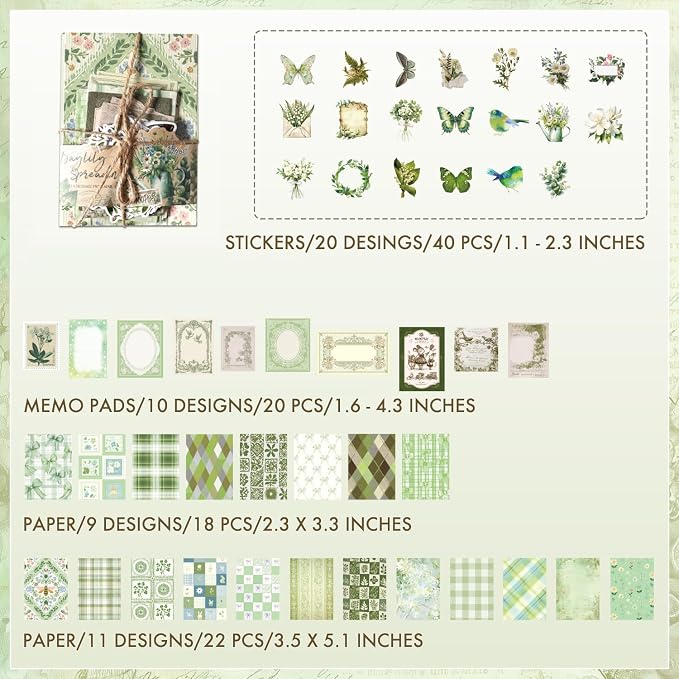 OKUPAN Scrapbook Supplies Kit – 100PCS Vintage Cottagecore Floral Scrapbook Paper & Stickers, 4 Sizes Pastoral Scrapbooking Supplies for Journaling, Card Making & DIY Gifts (Green)
