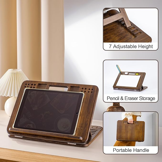 StrongTek Bamboo Tabletop Easel, 6-Angle Drawing Board for Desk and Lap | Pencil and Eraser Slots, Full-Base Lap Support, Secure Angle Positioning, Sketching, Acrylic Painting and Hands-Free Reading