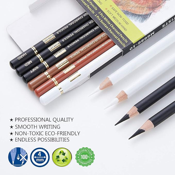 MARKART 10 Pack Professional Charcoal Pencils for Drawing | Black & White Charcoal Pencils for Sketching, Shading, Blending, Portrait, Pastel Chalk Pencils for Beginners & Artists