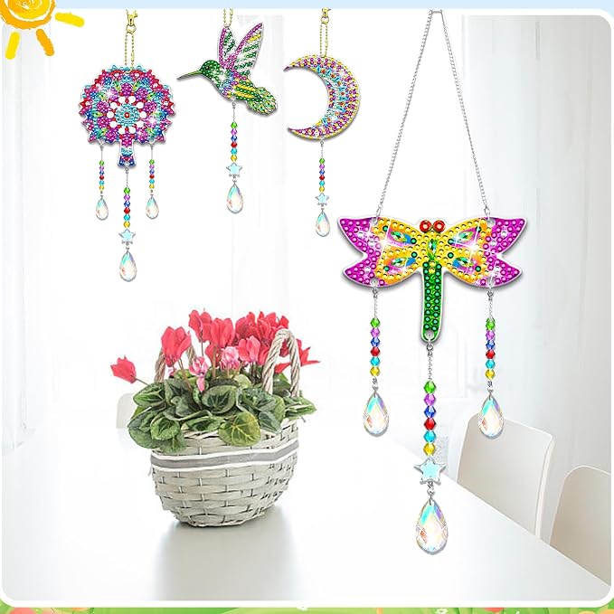 6 Pcs Diamond Painting Suncatchers Double Sided Diamond Art Suncatcher Mandala 5D DIY Diamond Painting Wind Chimes Paint by Number Diamond Art Kits for Adults Hanging Ornaments