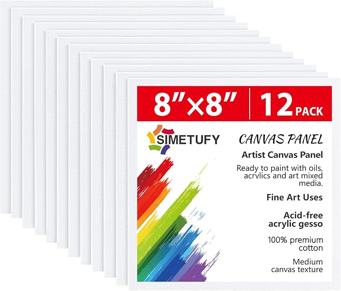 Simetufy 12 Pack 8x8 Inch Painting Canvas Panels Square Boards for Painting | 8oz Gesso Primed Acid-Free 100% Cotton for Acrylics Paints