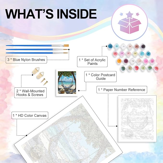 Paint by Numbers Kit for Adults, Hammock Beach Number Painting Canvas Kit | DIY Acrylic Painting Set for Beginners, Stress Relief Relaxing Craft, Home Wall Decor, Holiday Gift for Adults, 16x20 Inch