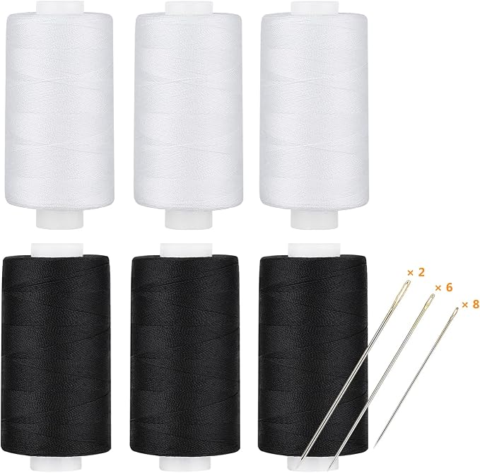 All Purpose Thread Polyester 3 White 3 Black, 400 Yards Each with 16 Needles for Hand Sewing, and Thread for Quilting Piecing Sewing Machines