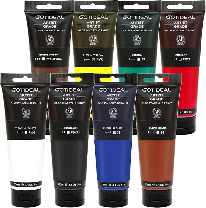 GOTIDEAL Craft Acrylic Paint Set,8 Primary Colors（(120ml,4 oz) Washable | Rich Pigments Non-Toxic, Professional Paint for Pouring on Canvas, Rocks, Ceramic, Fabric, Leather, for Artist, Adults