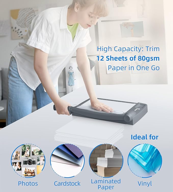 Firbon 12 Inch Guillotine Paper Cutter, Heavy Duty Paper Trimmer, Gray | 12-Sheet Capacity | Dual Scales | Paper, Cardstock & Photo Trimming | Scrapbooking Crafts | Office, Home & Studio Use