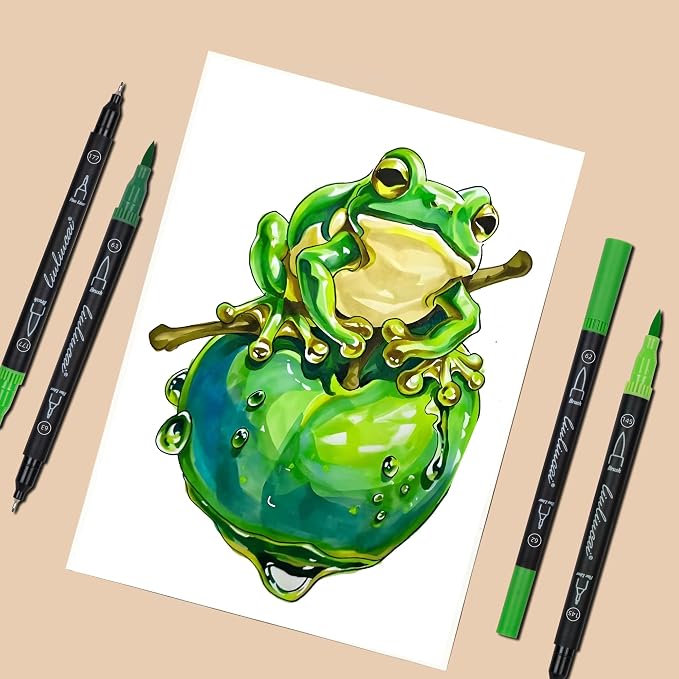 LIULIUCAI 10 Green Dual Markers, Fine & Brush Tip Pen for Adult Coloring