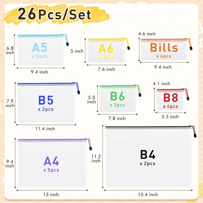 PAPEJOON 26pcs Mesh Zipper Pouch Bags, 8 Sizes Plastic Zippered Storage Bags for Organizing, Clear Pouches with Zipper, Waterproof Mesh Pouch for Office School Supplies, Home Organize, Travel Storage