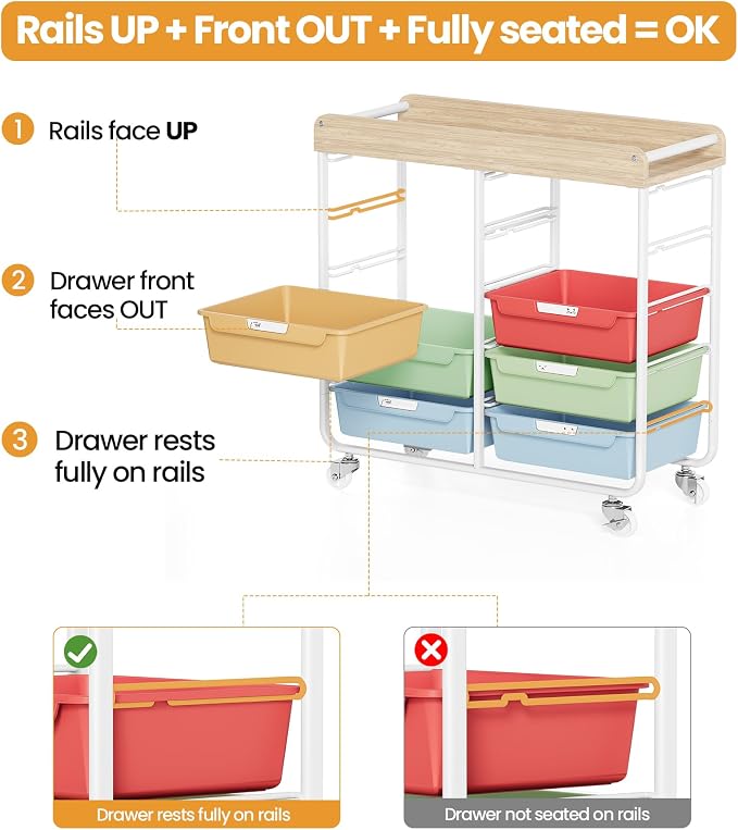10 Drawer Rolling Storage Cart with Wood Top for Classroom Crafts Colorful | Easy Setup, Large Capacity, Sturdy Build, Lockable Mobility, For office, classroom and home supplies
