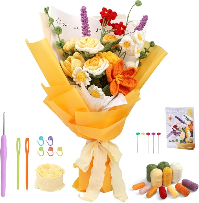 Iuuidu Crochet Kit for Beginners, Flower Bouquet Crochet Kit Rose