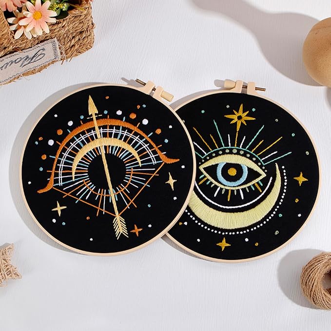 Louise Maelys 3 Pack Celestial Tarot Embroidery Kit Moon Evil Eye | Create Mystic Decor with Cross Stitch Kits. Complete Needlepoint Kit for Beginners Featuring Celestial and Tarot Patterns
