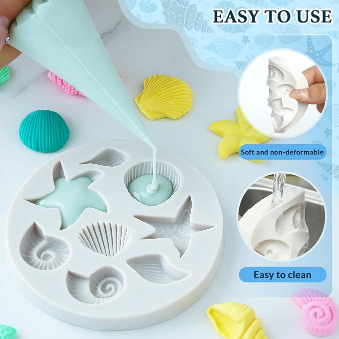 HKNMTT Marine Themed Silicone Mold for Polymer Clay Fondant, Seashell Mermaid Tail Starfish Ocean Seahorse Air Dry Clay Craft Cake Decor Wax Melt Chocolate Candy Mould DIY Cupcake Toppers BPA Free