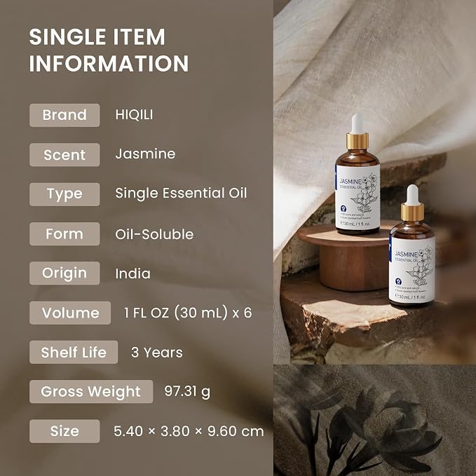 HIQILI Jasmine Essential Oil Set for DIY Making, Skincare & Diffuser