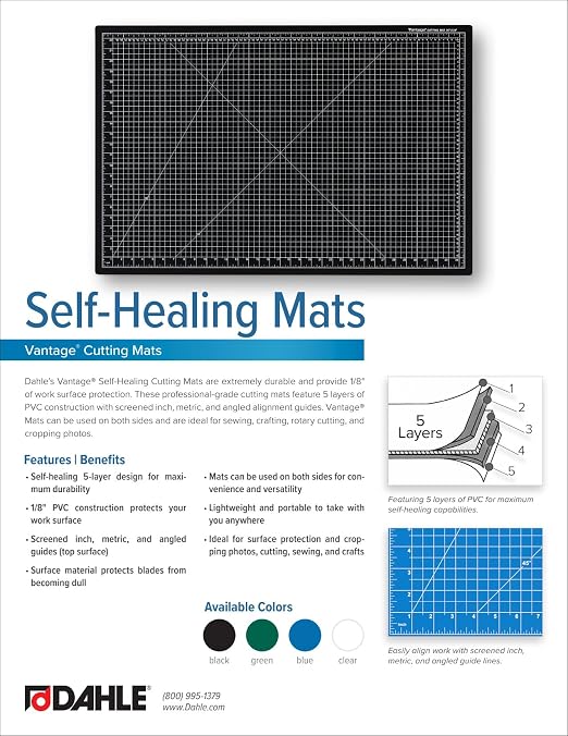 Dahle Vantage 10470 Premium Self-Healing Cutting Mat, 9"x12", 1/2" Grid, 5 Layers for Max Healing, Perfect for Crafts & Sewing, Green