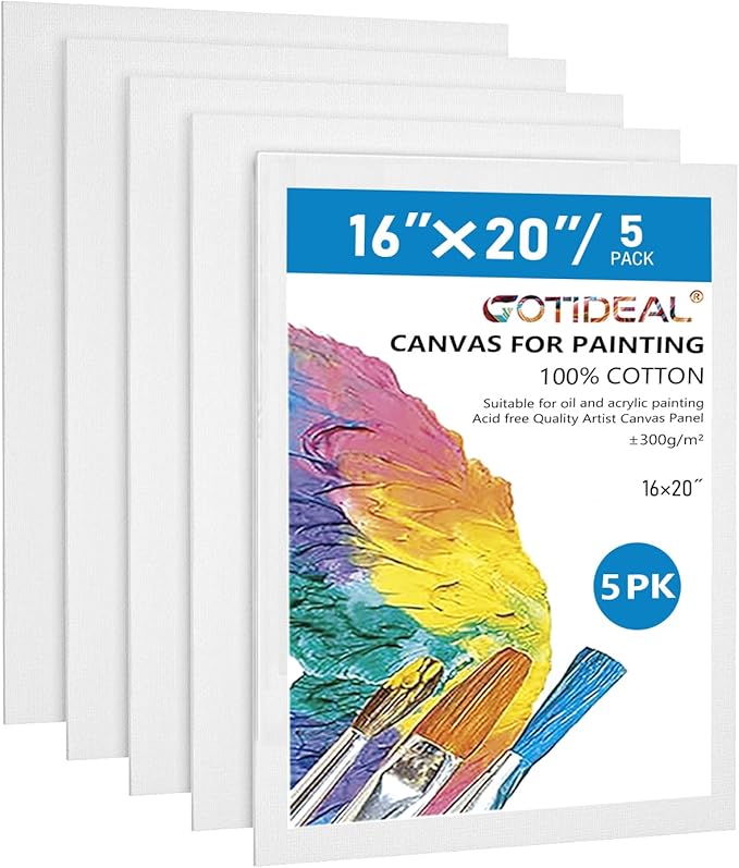 GOTIDEAL Canvases for Painting, 16x20 inch of 5 Pack, 100% Cotton | Professional Primed White Blank Flat Canvas Panels, Artist Canvas Boards for Acrylics Painting, Oil Watercolor Tempera