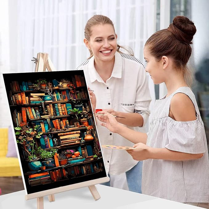 Bookshelf Paint by Numbers for Adults with Framed Canvas-with Wooden Easel,Paint by Numbers Kits Framed Canvas,DIY Acrylic Oil Painting Kits with Brushes Nice Gift Box for Home Wall Decor(12x16 Inch)