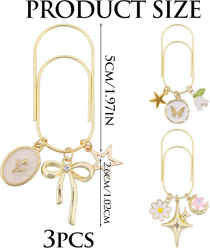 Charm Metal Bookmark Gift - 3 PCs Cute Bow Butterfly Flower Star Paperclip Book Mark Large Unique Aesthetic Page Marker Planner Paper Clip Reading Lover Women Girl Birthday School Supplies