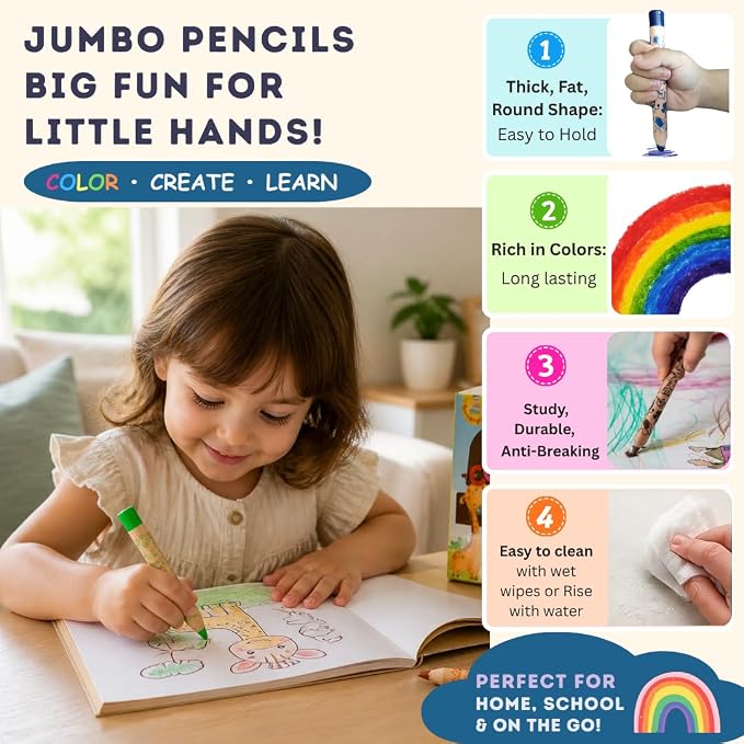 24 Jumbo colored Pencils Toddler ages 3-5, 3-in-1 Wooden Pencil, Crayon & Watercolor Art Set. Break-Resistant 8mm Core, Chunky Easy Grip for Beginner, Preschools, Kids, those with special needs (24)