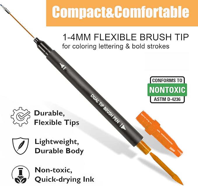 Orange & Yellow Double Tip Brush Pens Art Markers,12 Colored Artist Fine Brush Pen Coloring Markers for Adult Drawing Art Craft Kit