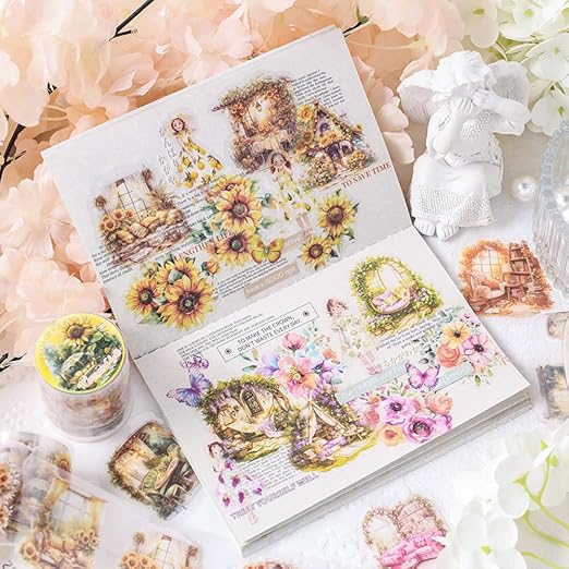 6 Rolls Floral Washi Tape Set PET Flower Tape Stickers for Journaling, Scrapbooking, Flower Decorative Tape for DIY Crafts Scrapbook Supplies Junk Journal Wide Washi Tape
