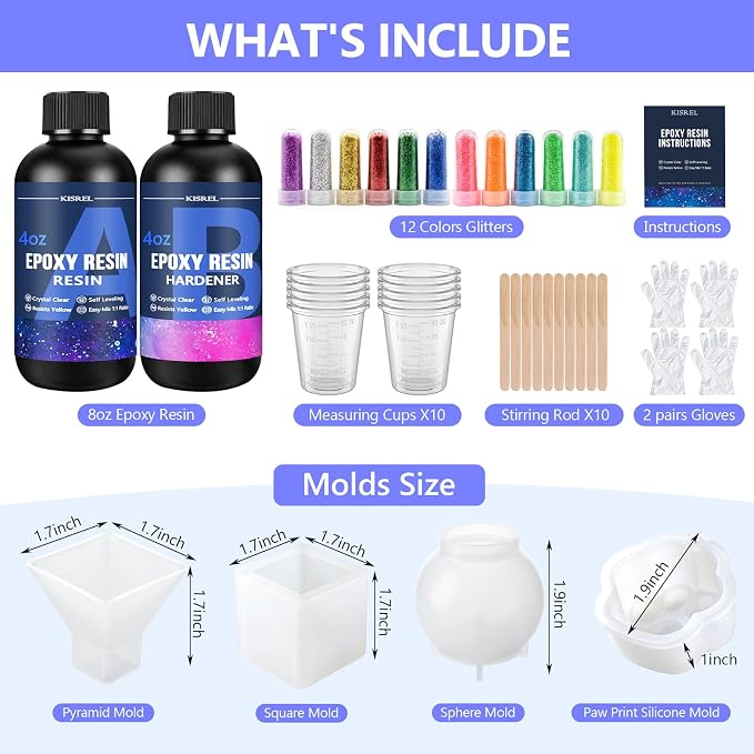 KISREL Epoxy Resin Kit 8OZ with Molds, 12 Glitter & Tools for Beginners | Complete starter kit with molds, 12 glitters & tools,Crystal clear, bubble-free ,Perfect for keychains, coasters & DIY crafts