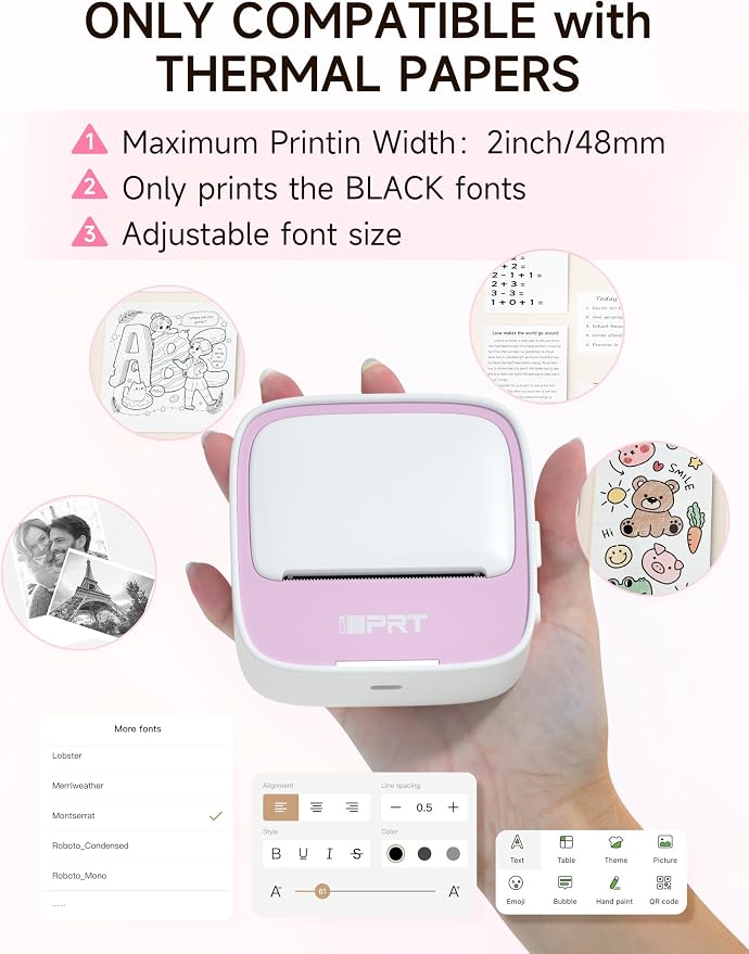 iDPRT Sticker Printer, Portable Sticker Maker Machine, Mini Inkless Bluetooth Thermal Printer for iPhone & Android, Pocket Printer for Labels, Barcodes, DIY Journaling, Kids Gift, Pink