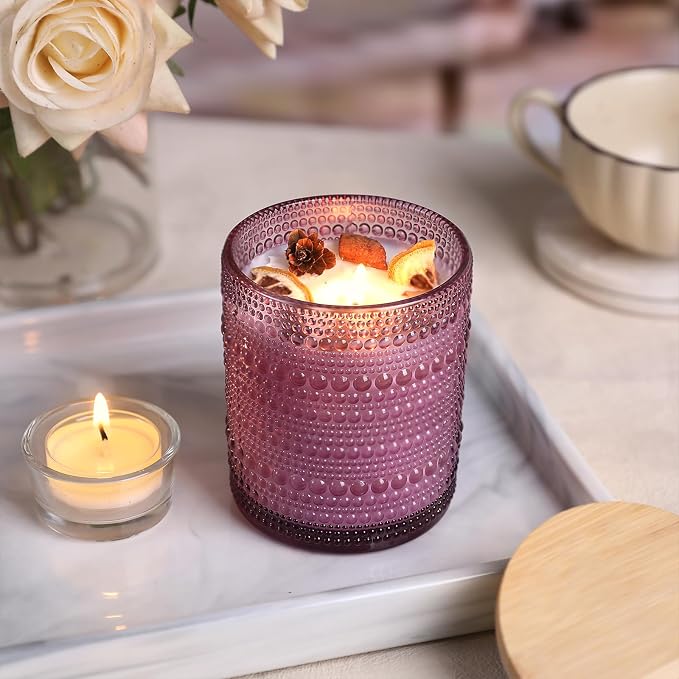 DARJEN 12 Pcs 10 oz Glass Candle Jars with Lids, Candle Tins-Purple | Thick Wall Ribbed Glass, Airtight Wood Lids- The go to candle jar for DIY, thoughtful gifters, growing candle brands
