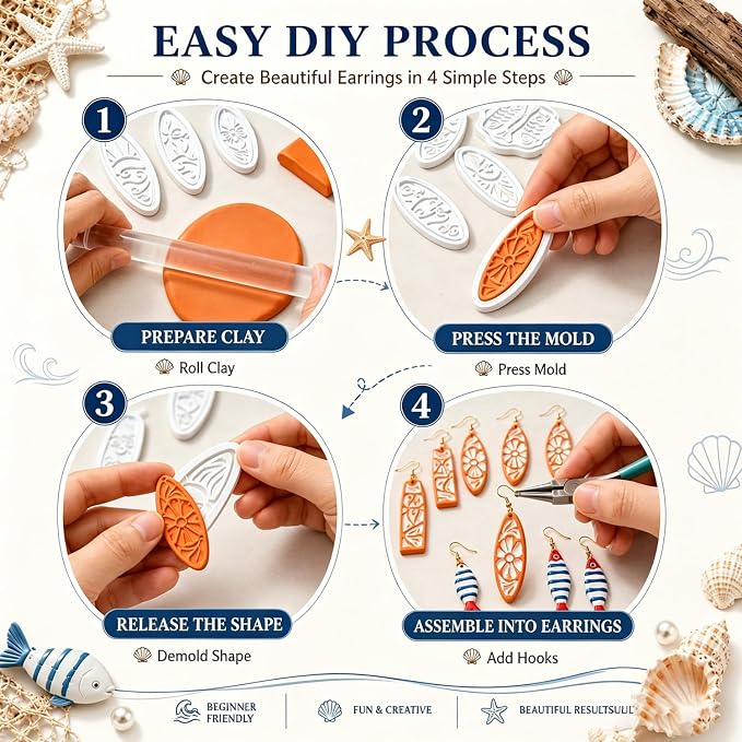 8Pcs Ocean Clay Earring Molds, Fish Flower Wave Polymer Clay Tools. Ocean Fish, Wave & Floral Patterns for Detailed Handmade Earrings and Coastal Clay Jewelry Designs