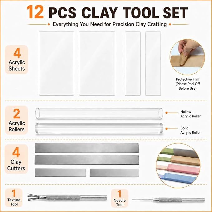 12 Pcs Polymer Clay Tools Kit, Acrylic Roller Rolling Pin Cutters | Air Dry Clay Sculpting Supplies Set, Small Clear Craft Roller, Tissue Blades Knife Slicer, Sheet Press Board, Texture Needle