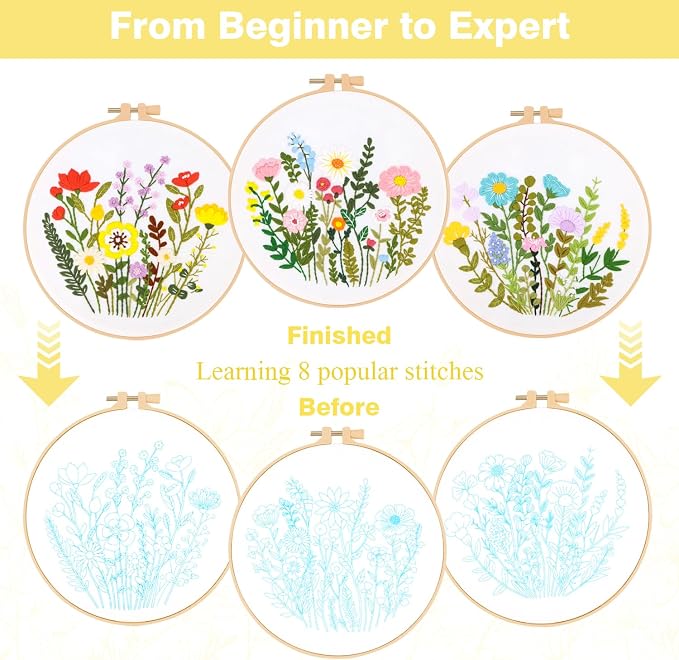 RidaaFri Embroidery Kit for Beginners, Set of 3 Flower Pattern Practice Kit | Adult DIY Hand Embroidery Cross Set with Step-by-Step Guide Video Tutorial Hoop Needles Floss, Complete Sewing Craft Supplies