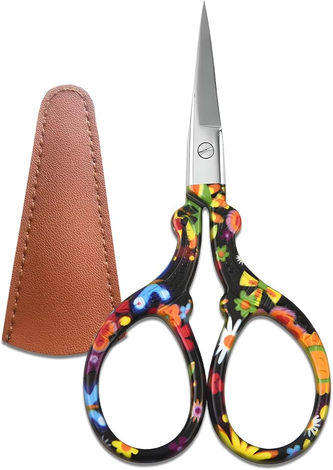 Sharp Embroidery and Crafting Scissors with Leather Cover, 3.62 inch Stainless Steel Scissors for Needlework and DIY Crafts, Black Flower, J5064