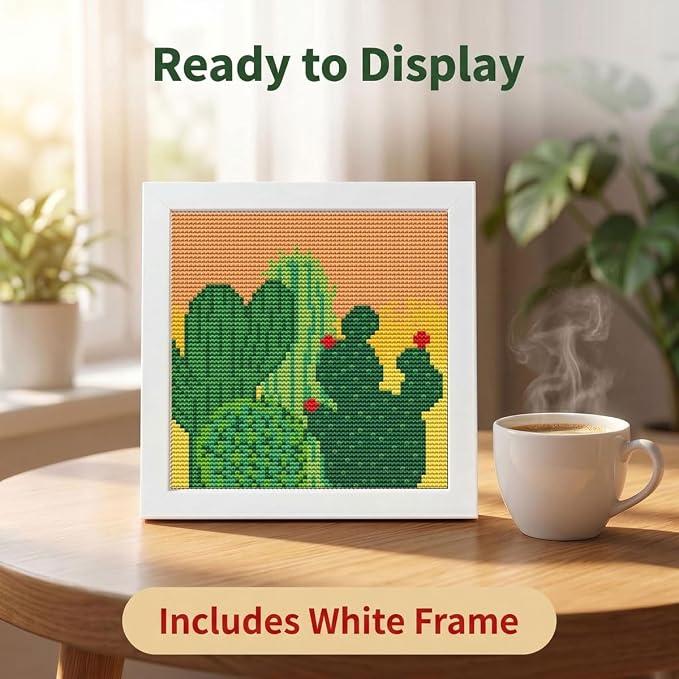 WUSARPLY Cactus Stamped Cross Stitch Kits for Beginners Adults with Framed | Succulents Needlepoint Counted Cross Stitch Kits for Beginners Adults with Framed Embroidery Kits Arts and Crafts 6x6 inch