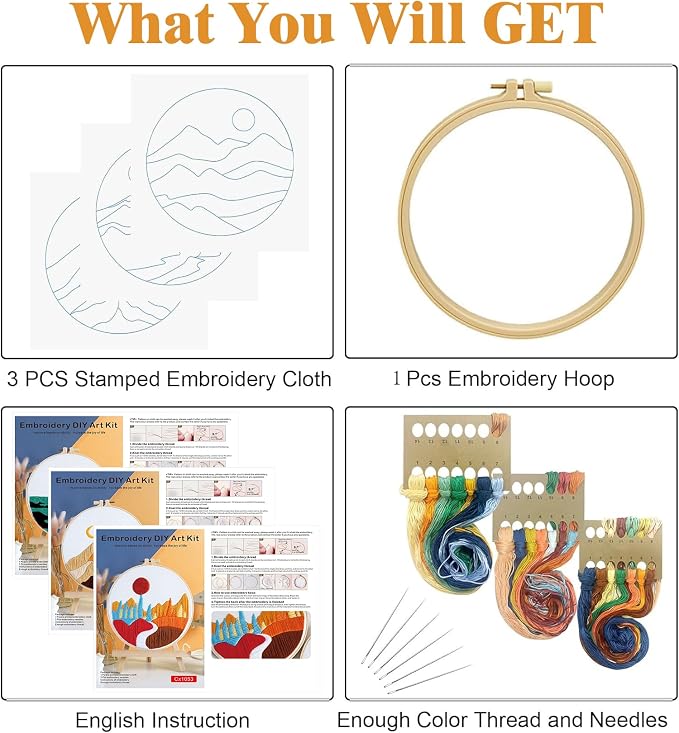 GLTAYLMY Embroidery Kits for Beginners Adults, Stamped Cross Stitch Kits for Adult Beginners Embroidery Starter Kit with Pattern, 3 Embroidery Hoop and Fabric, Needles Threads